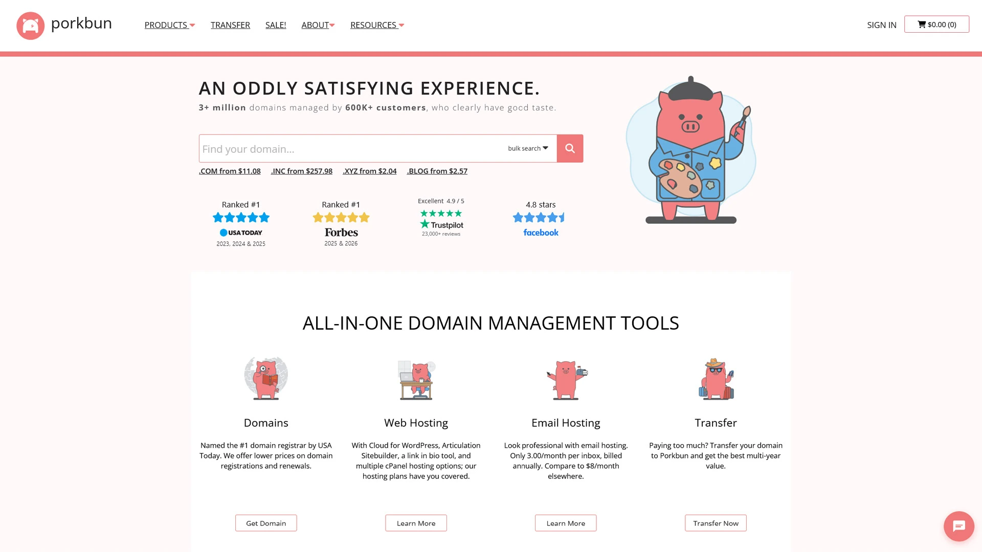 Porkbun homepage with the domain search box near the top.